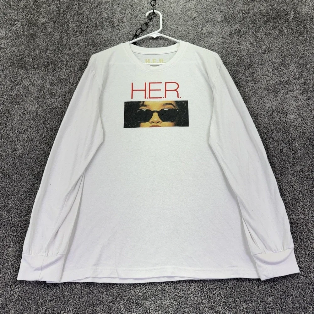 H.E.R. Shirt Mens Large White Long Sleeve Portrait Graphic Tee Band Music